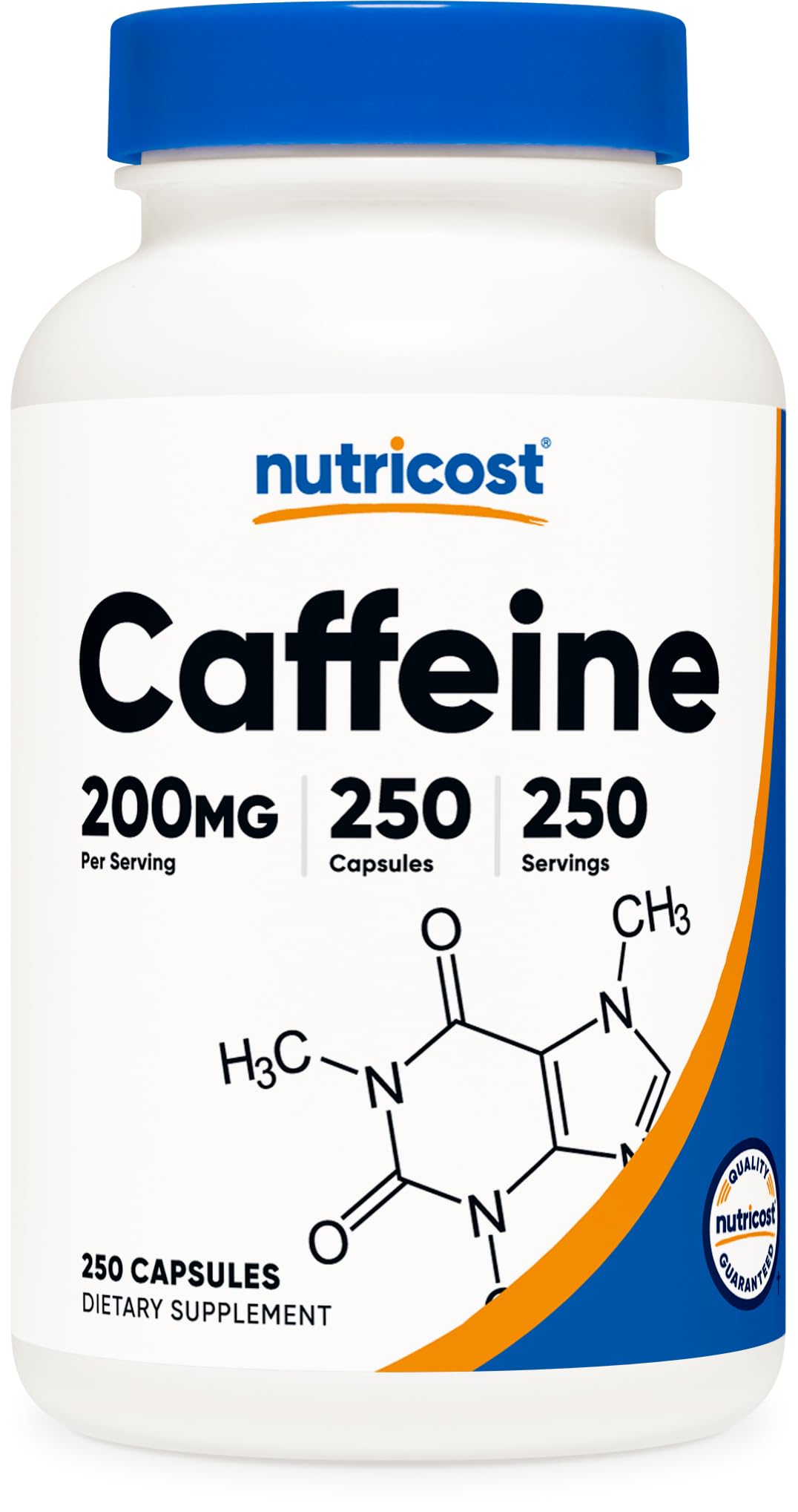 Nutricost caffeine pills bottle front offers convenient energy on the go.