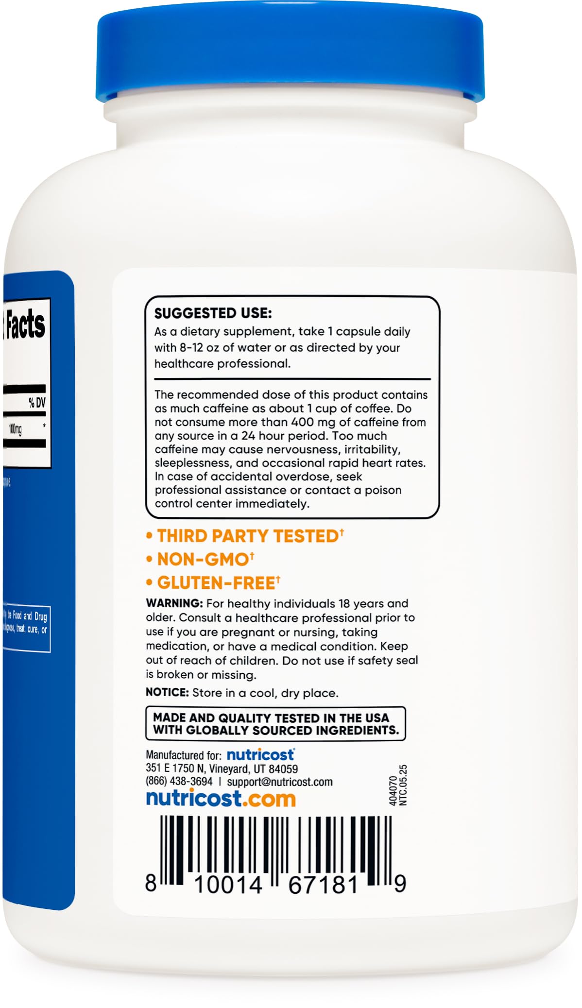 Nutricost caffeine pills bottle back highlights quality and compliance