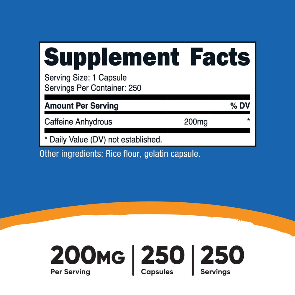 Nutricost caffeine pills capsules close-up shows 200mg per capsule for quick alertness.