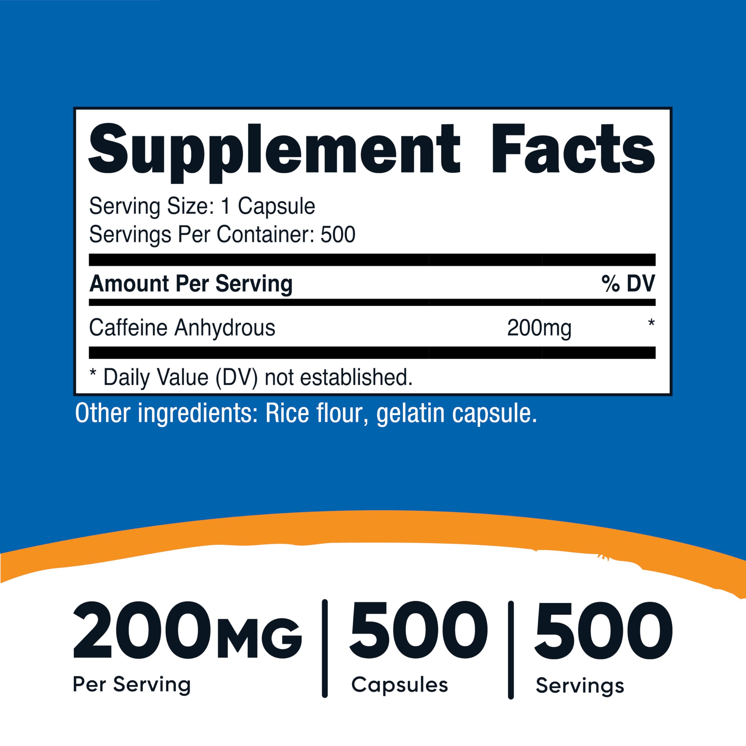 Close-up of Nutricost caffeine capsules showing 200 mg per serving