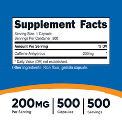 Nutricost Caffeine Pills capsules close-up displaying texture and 200 mg per serving for focused energy.