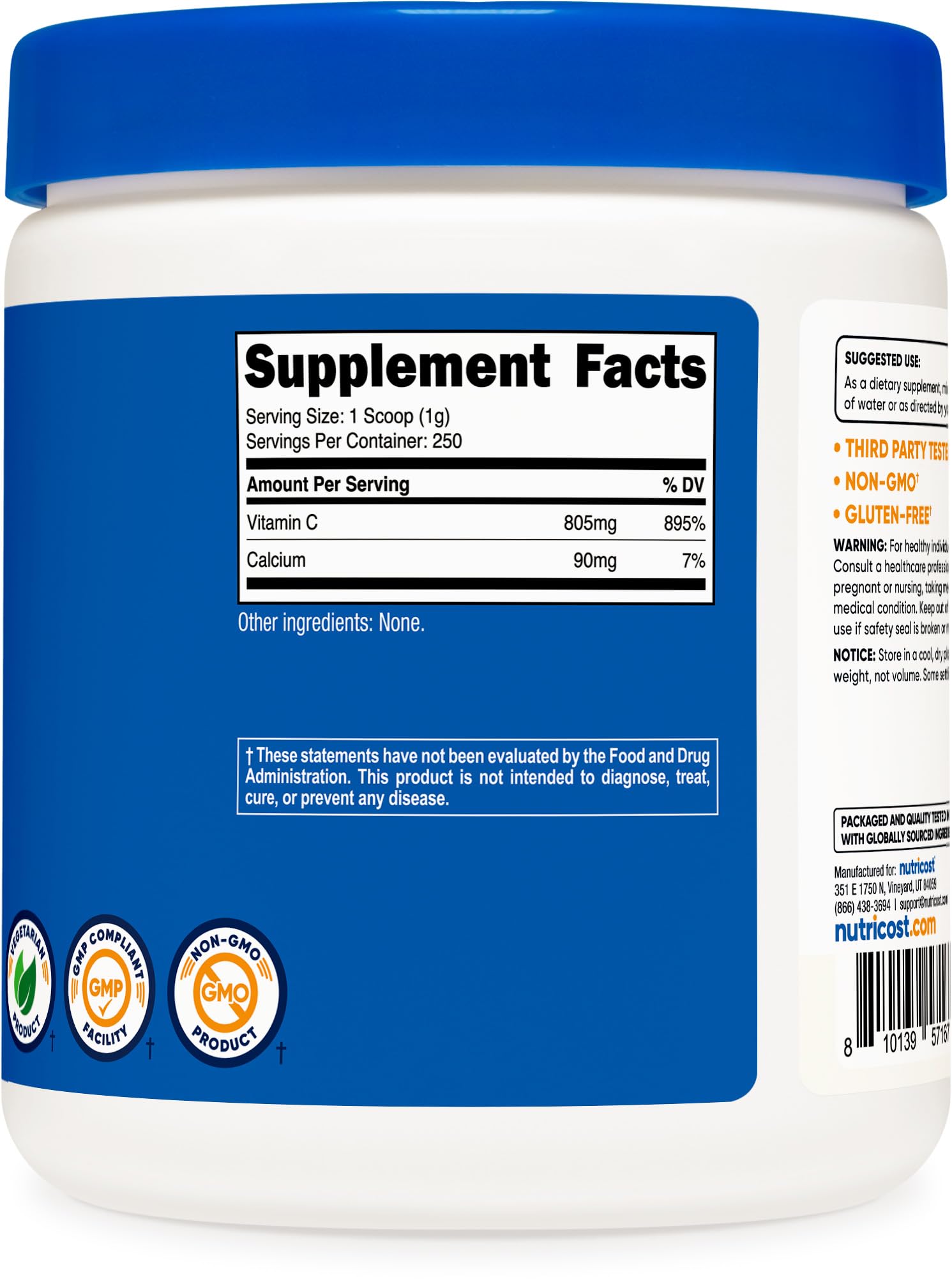 Nutricost Calcium Ascorbate Powder label indicating third-party tested quality.