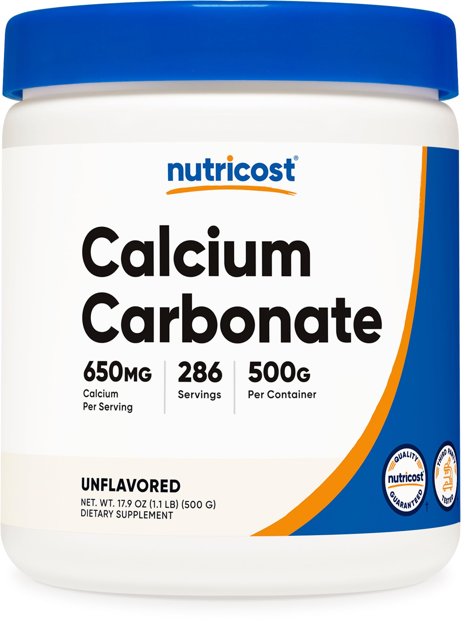 Nutricost Calcium Carbonate bottle shows pure powder for daily calcium intake