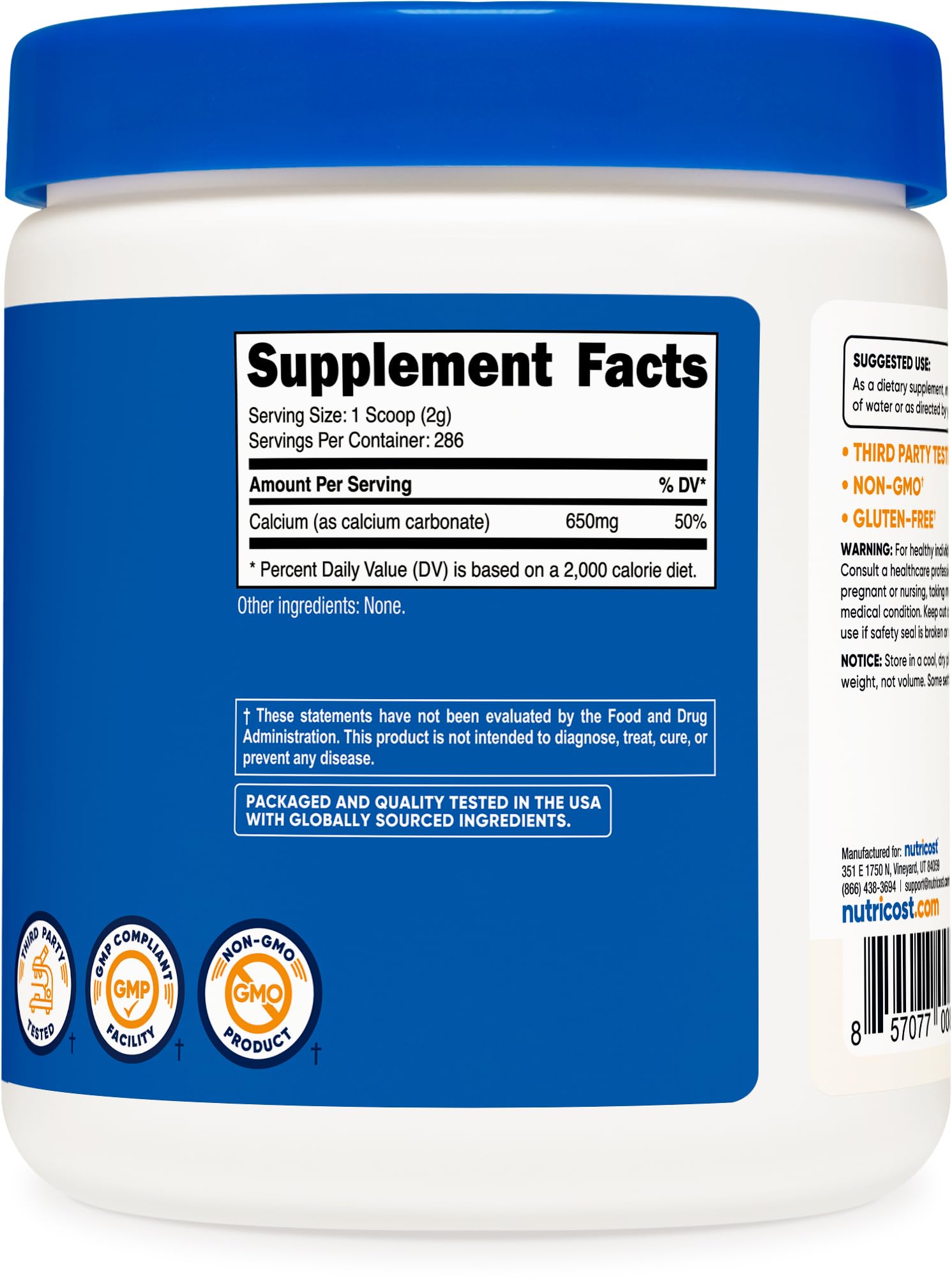 Nutricost Calcium Carbonate serving scoop ready for measured dosing