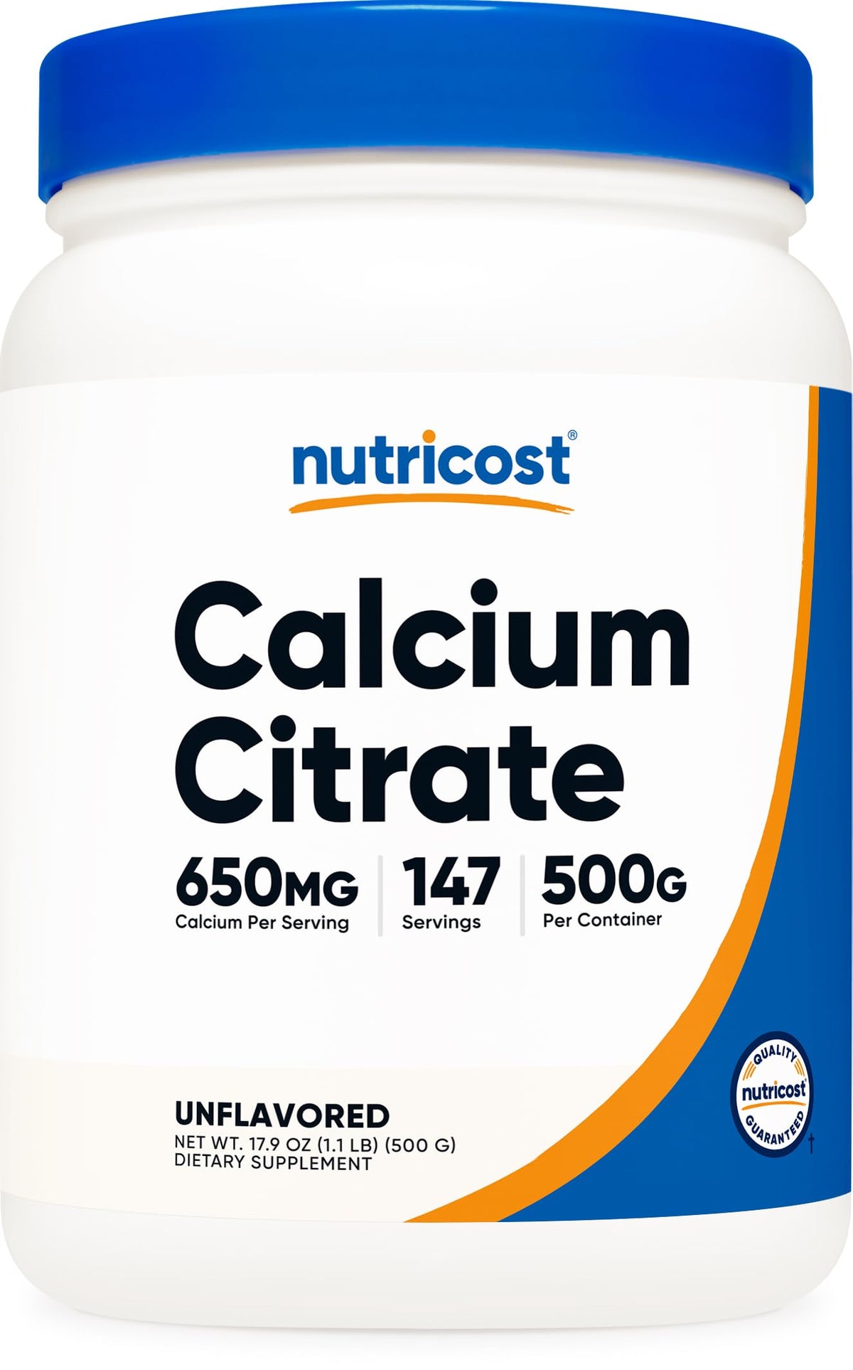 Nutricost Calcium Citrate Powder bottle shows a 500g supply, unflavored and easy to mix.