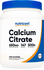 Nutricost Calcium Citrate Powder bottle shows a 500g supply, unflavored and easy to mix.