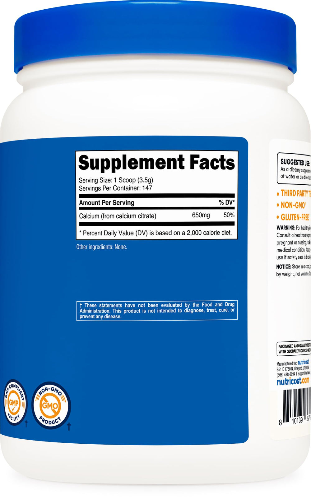 Nutricost facility label confirms GMP-compliant, FDA-registered production.