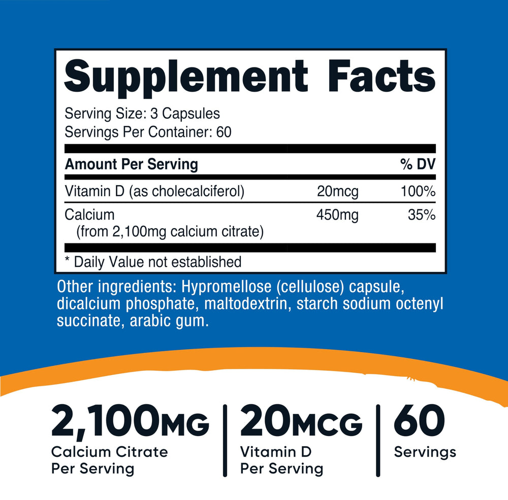 Nutricost bottle label shows calcium citrate and vitamin D details for easy reference