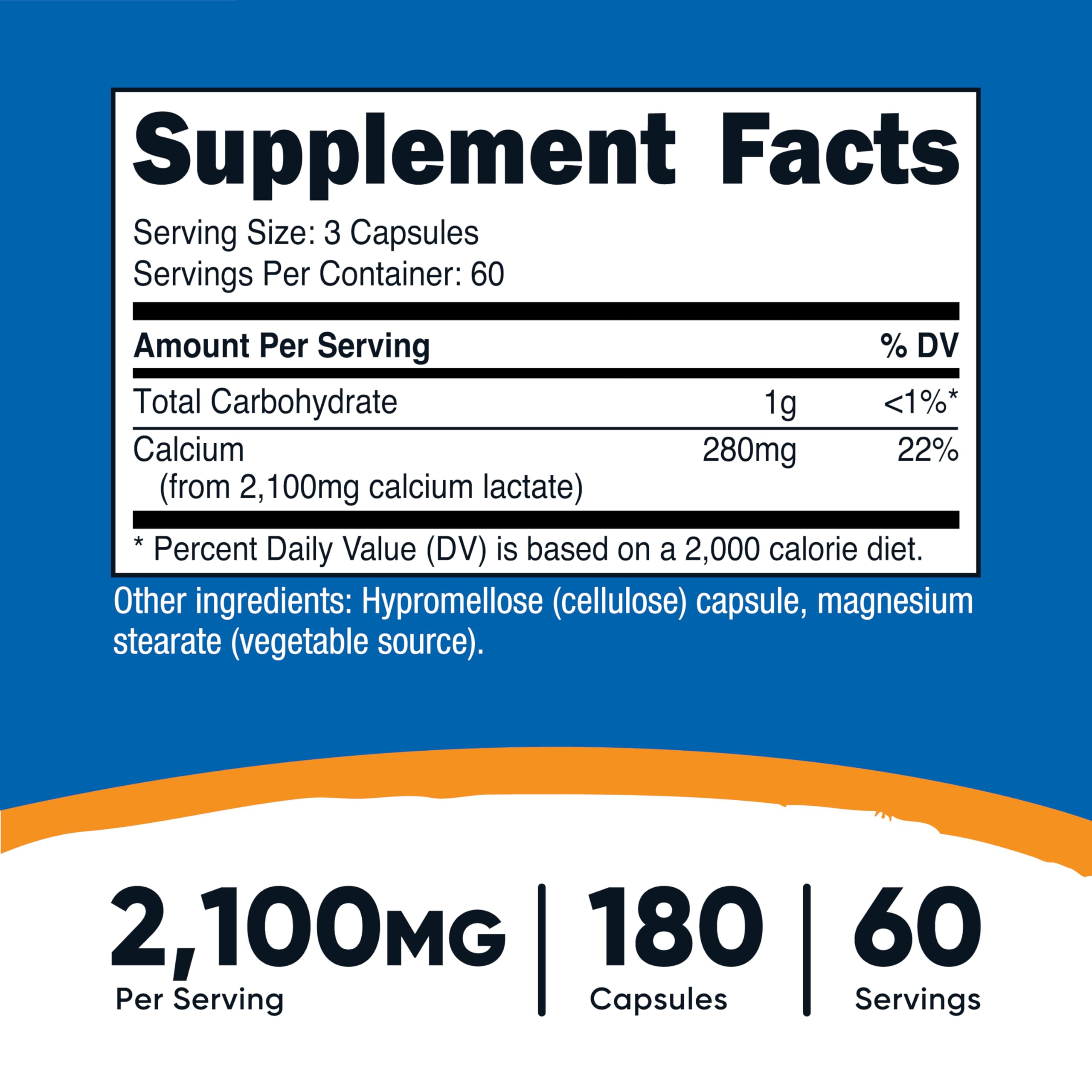 Nutricost Calcium Lactate capsules, easy-to-swallow for steady calcium delivery.