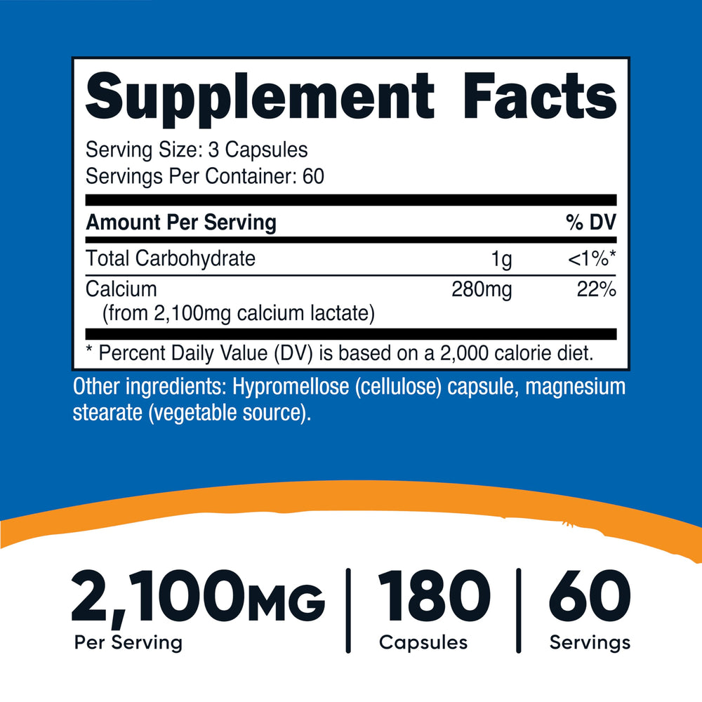 Nutricost Calcium Lactate capsules, easy-to-swallow for steady calcium delivery.