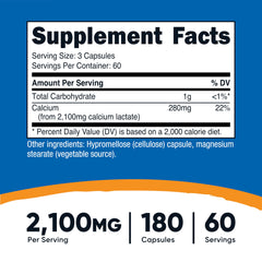 Nutricost Calcium Lactate capsules, easy-to-swallow for steady calcium delivery.