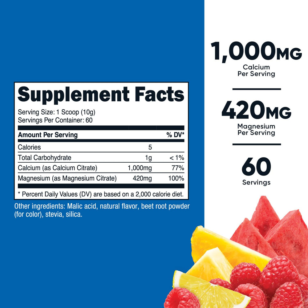 Nutricost calcium-magnesium powder 60-servings label indicating size and value.