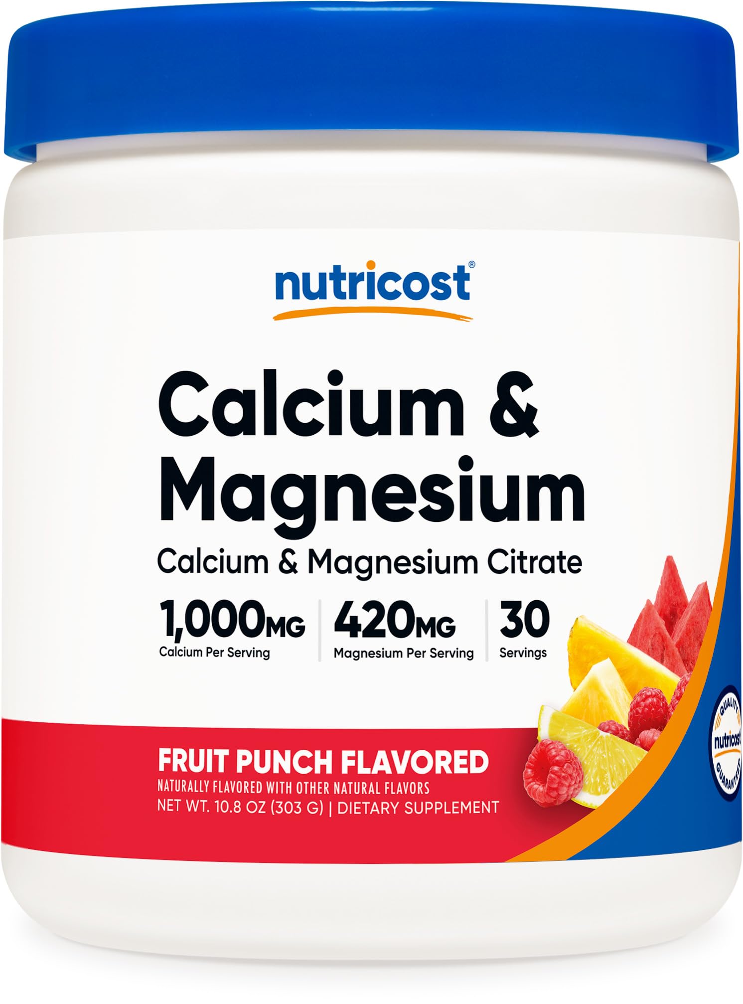 Nutricost Calcium Magnesium Powder Fruit Punch bottle pour for easy daily mineral support