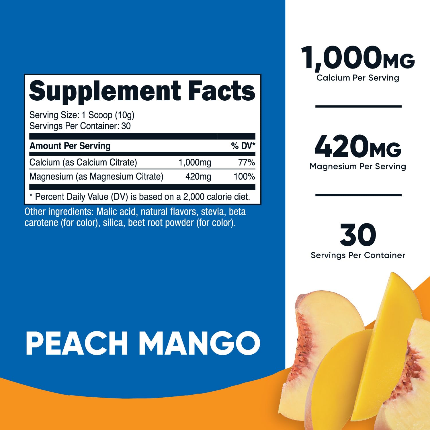 Nutricost Calcium Magnesium Powder Peach Mango scoop for easy daily mineral intake