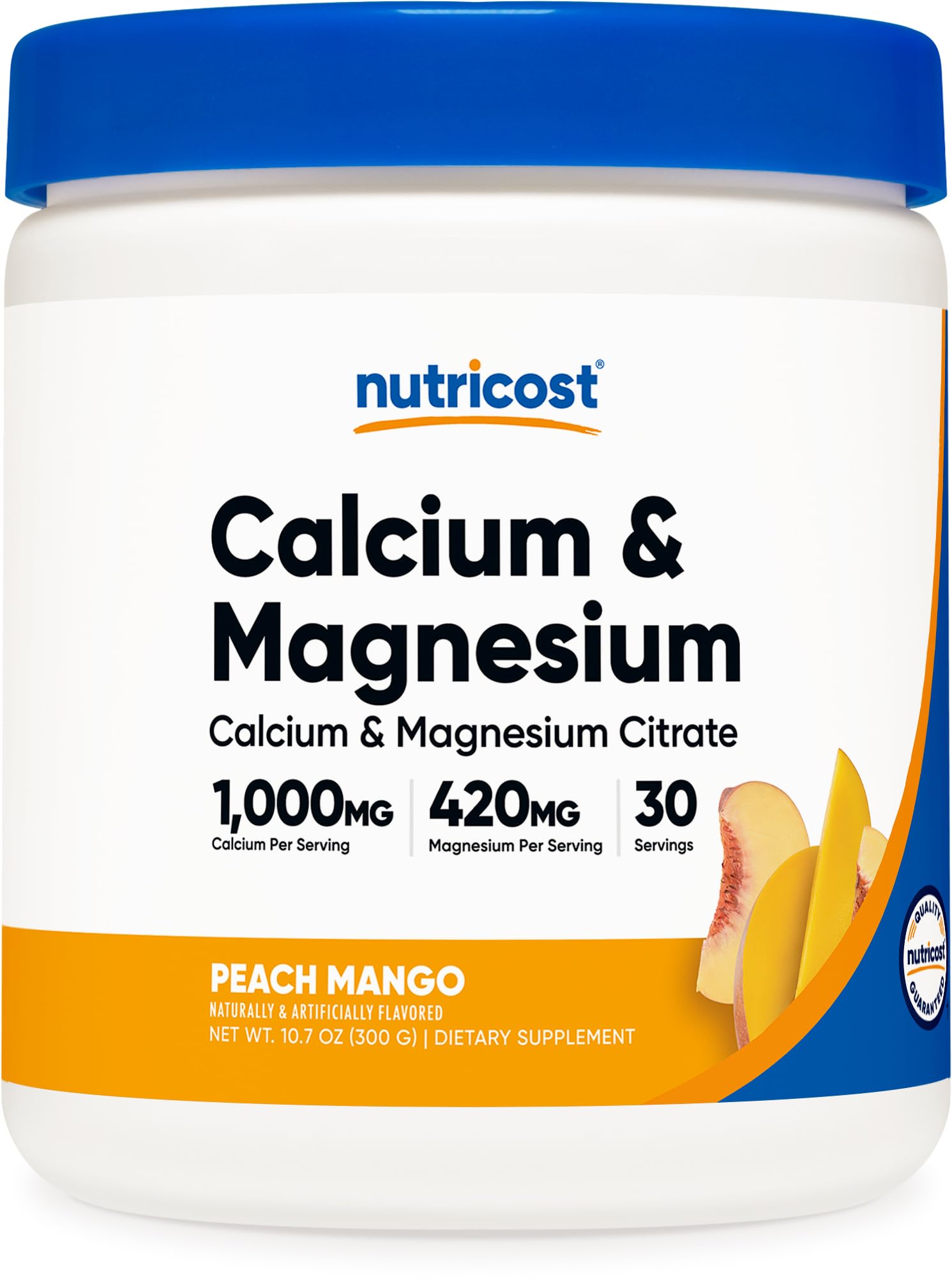 Nutricost Calcium Magnesium Powder Peach Mango tub displaying a tasty daily mineral blend