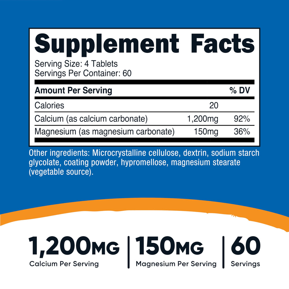 Nutricost calcium-magnesium tablets close-up highlighting compact, easy-to-swallow dose.