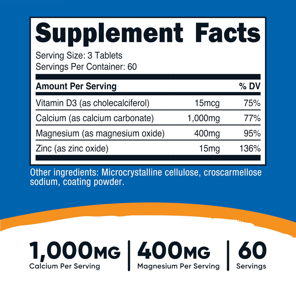 Nutricost Calcium Magnesium Zinc tablets close-up highlighting compact daily dosage.