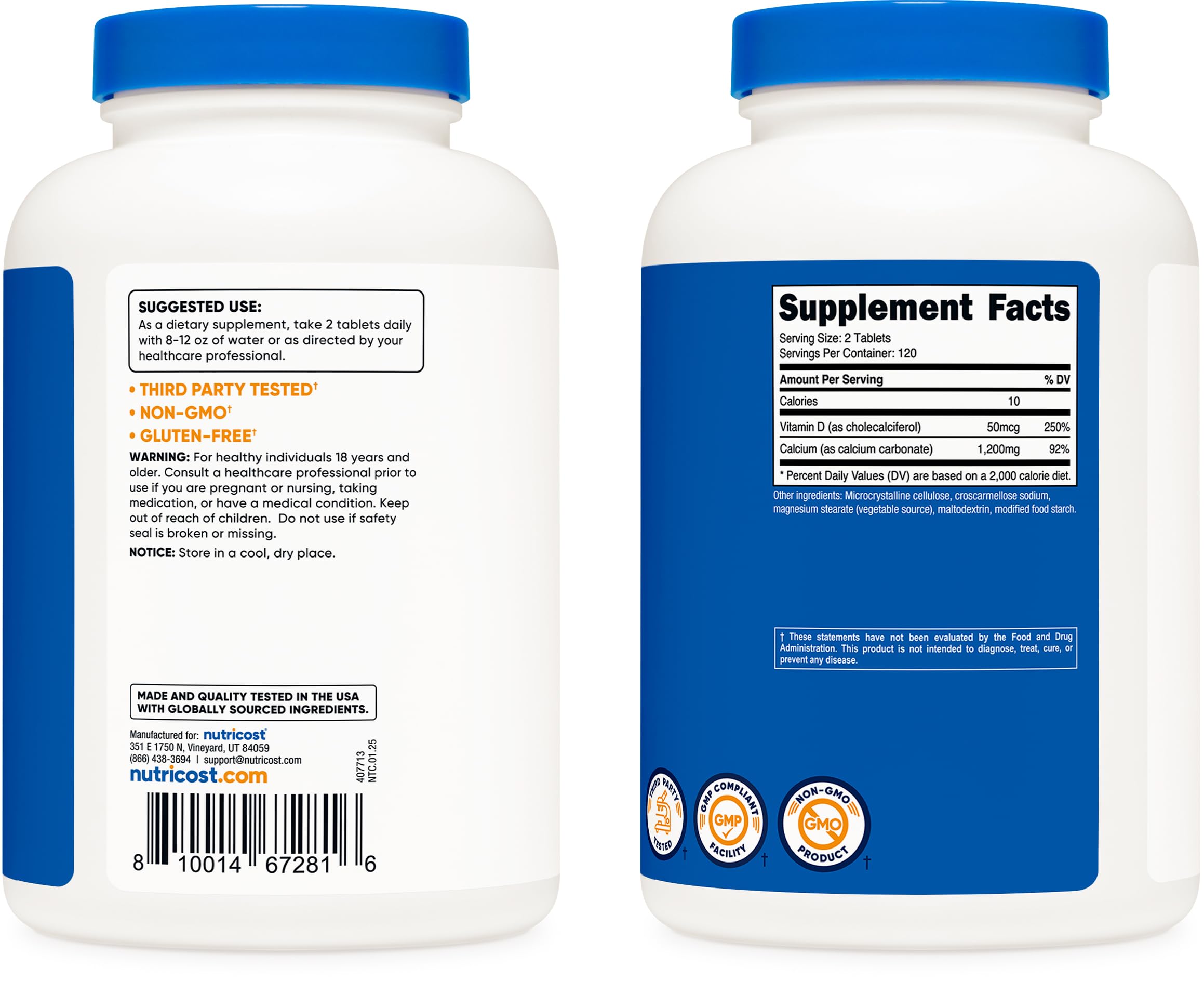 Nutricost Calcium with Vitamin D gluten-free label, gluten-free assurance.