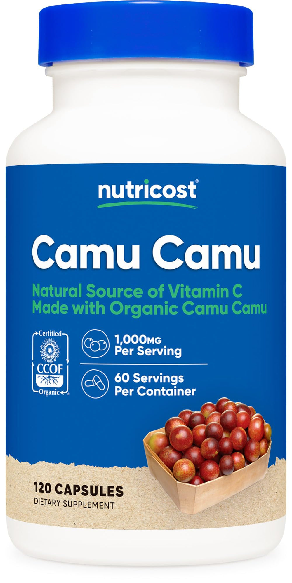 Nutricost Camu Camu 1000mg bottle close-up, organic vitamin C source.