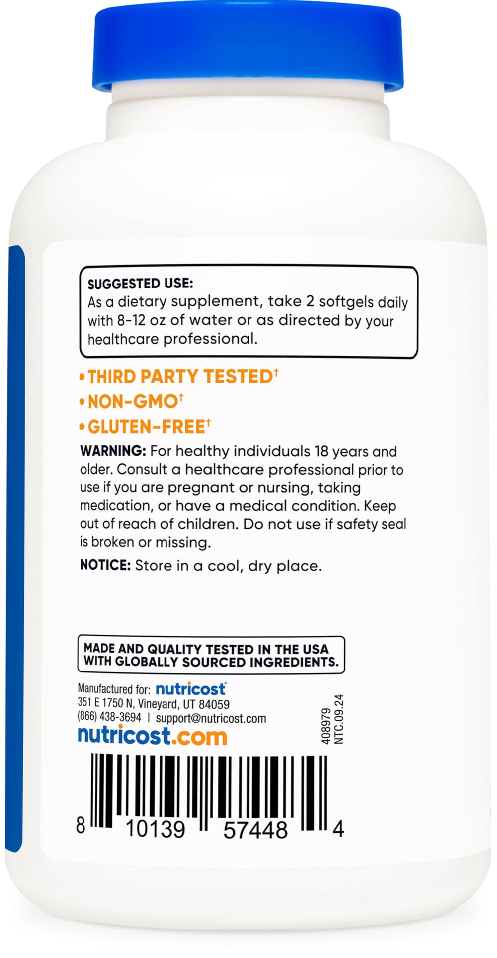 Nutricost Caprylic Acid packaging shot emphasizes high-quality USA-sourced ingredients.