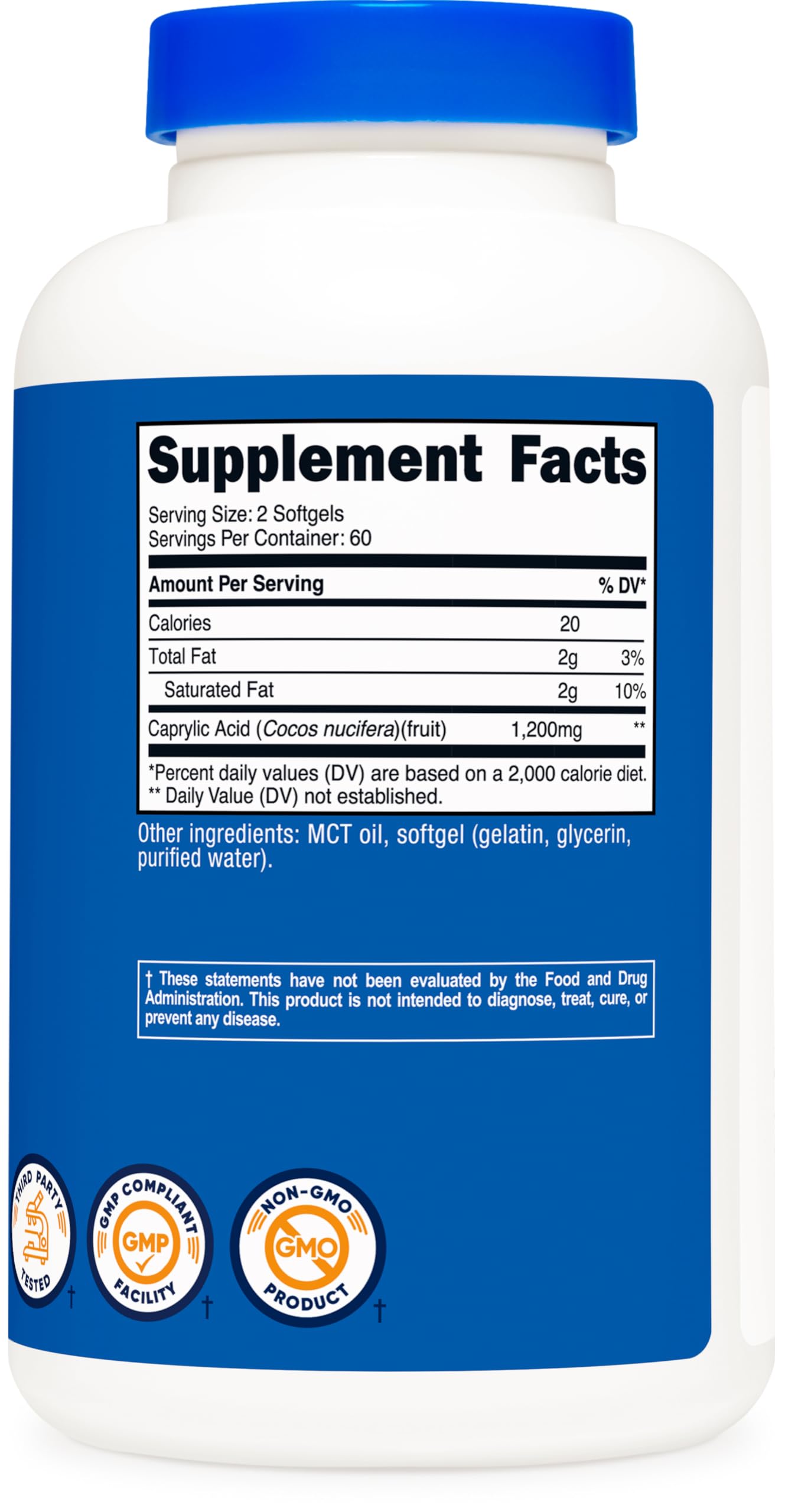 Nutricost Caprylic Acid third-party testing stamp signals trusted quality.