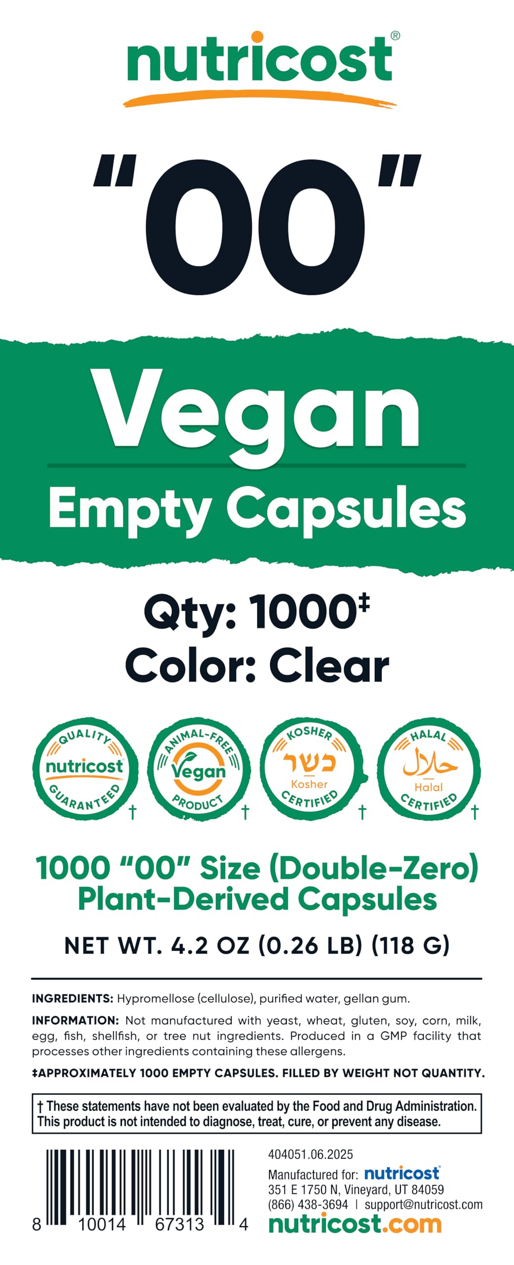 Nutricost capsule fill capacity 600–1100 mg depending on powder density