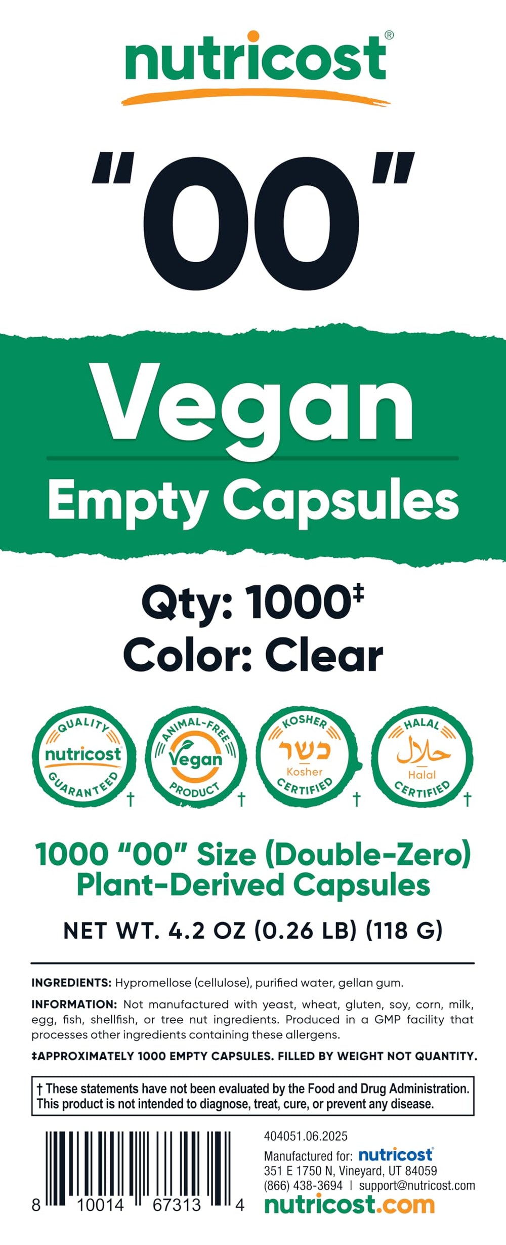 Nutricost capsule fill capacity 600–1100 mg depending on powder density