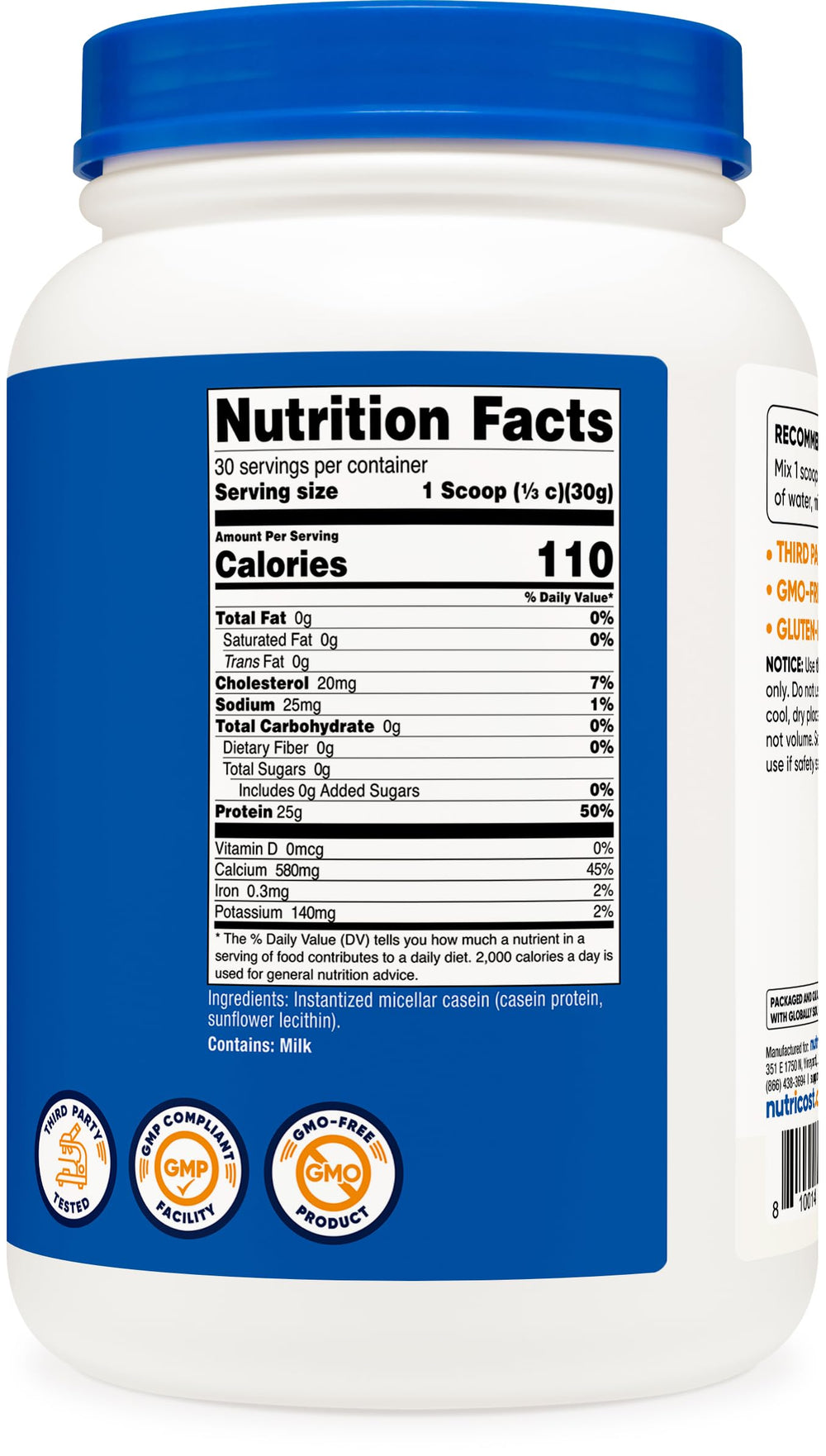 Nutricost casein powder tub close-up with freshness seal