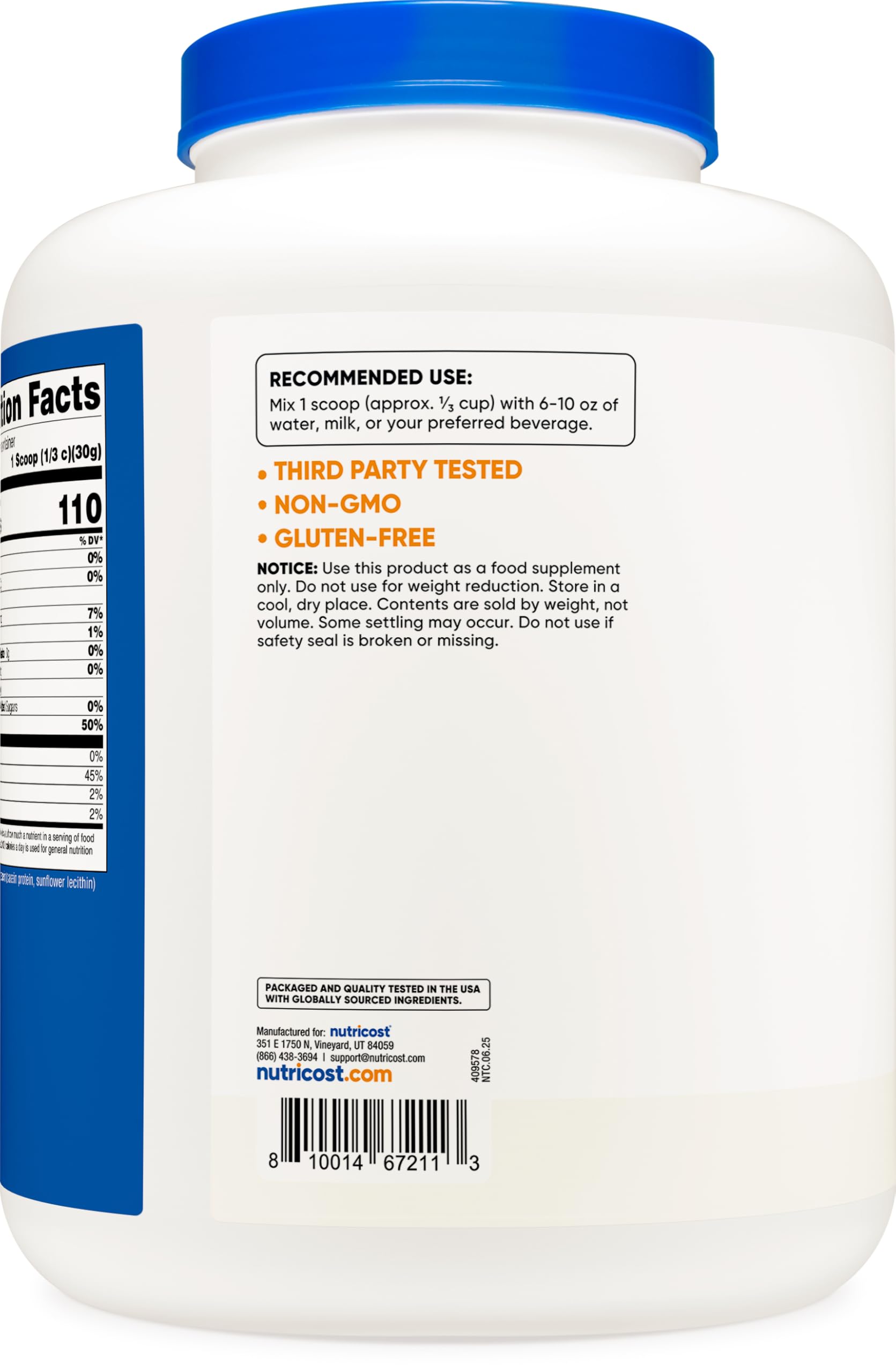 Nutricost casein powder texture hinting at slow-release protein.
