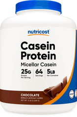 Nutricost Casein protein powder 5lb chocolate jar front, convenient daily protein source.
