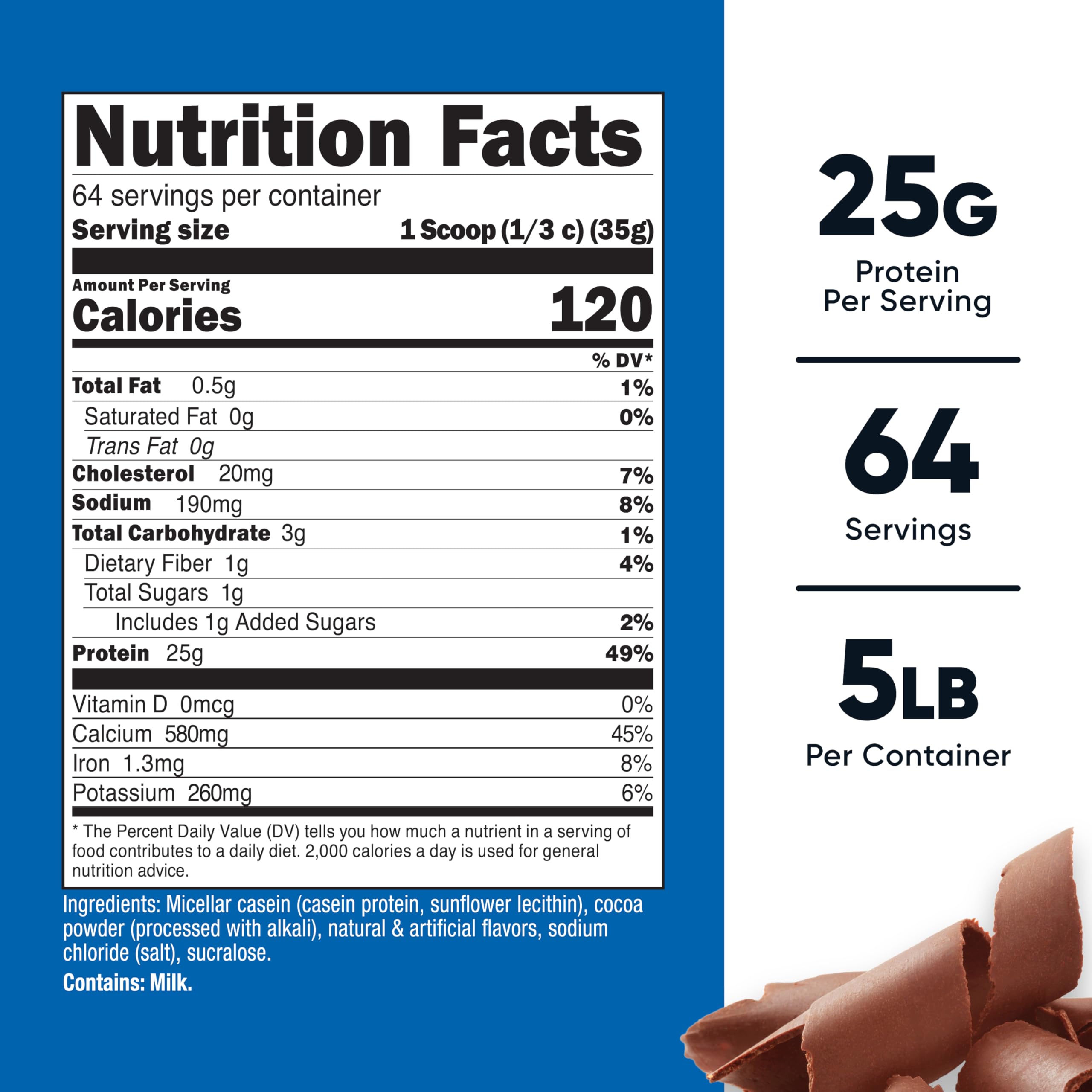 Nutricost Casein powder 5lb chocolate scoop, easy portion control before workouts or bedtime.