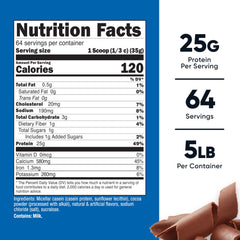 Nutricost Casein powder 5lb chocolate scoop, easy portion control before workouts or bedtime.