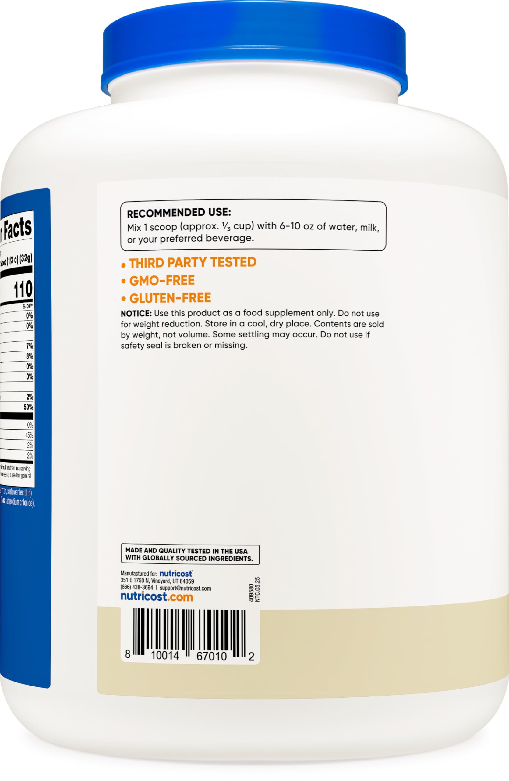Nutricost Casein Vanilla canister photographed close-up with powder