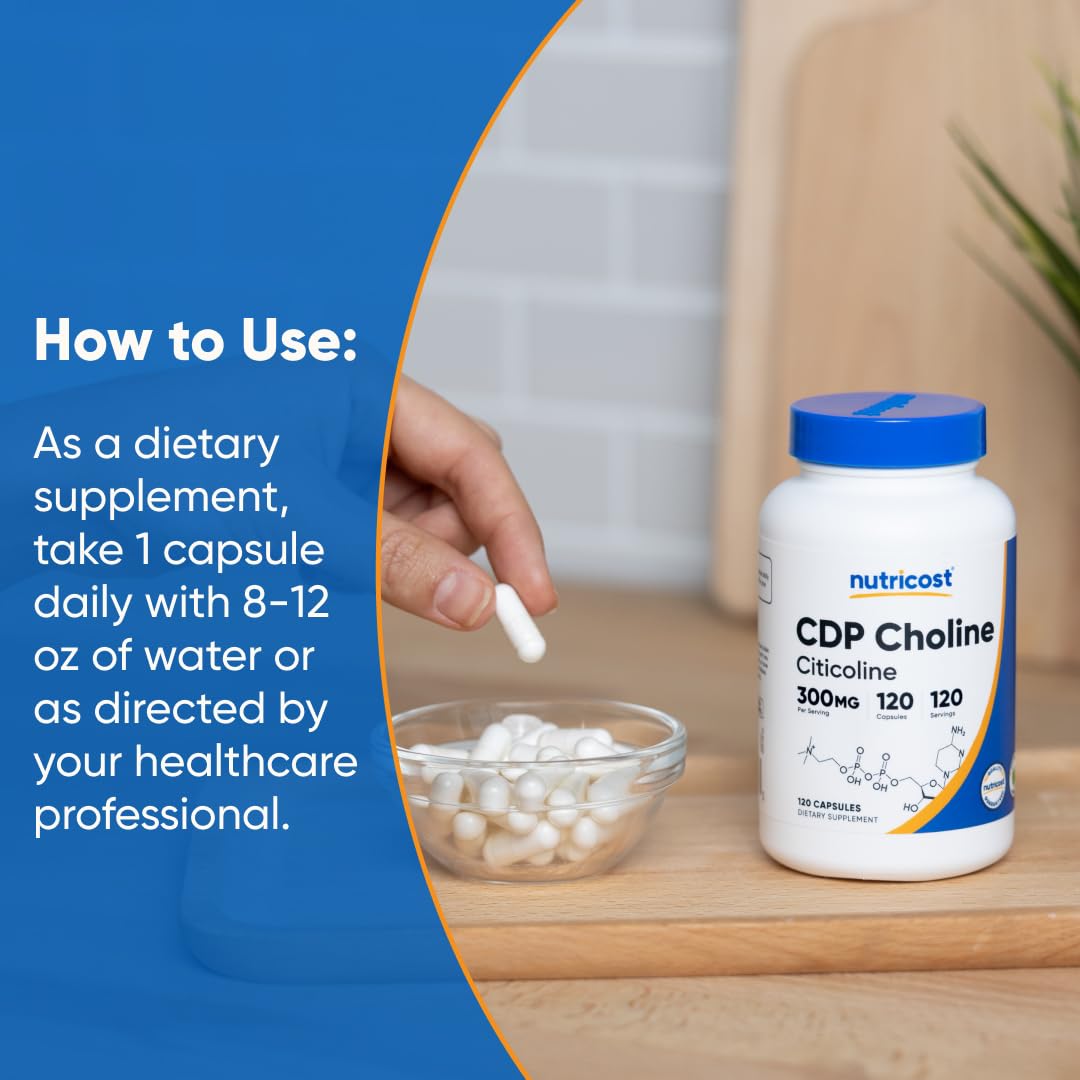Nutricost CDP Choline pack shot showing capsules in bottle for easy daily supply