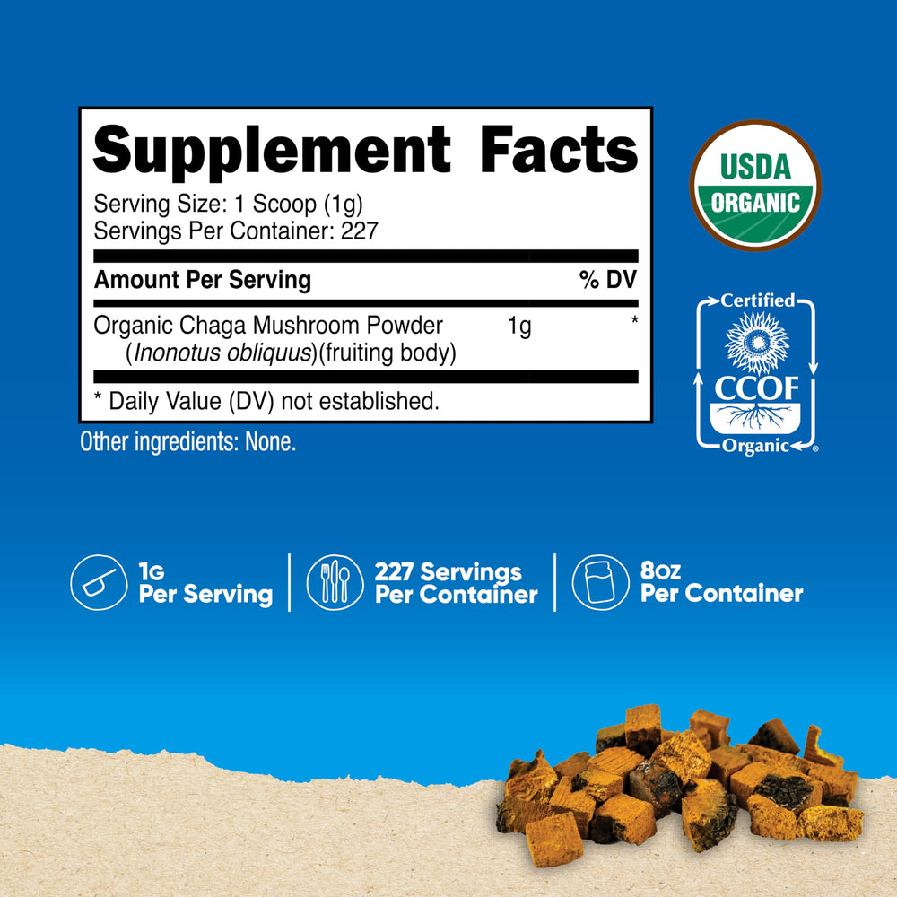 Close-up of Nutricost chaga powder scoop for precise, easy daily servings.