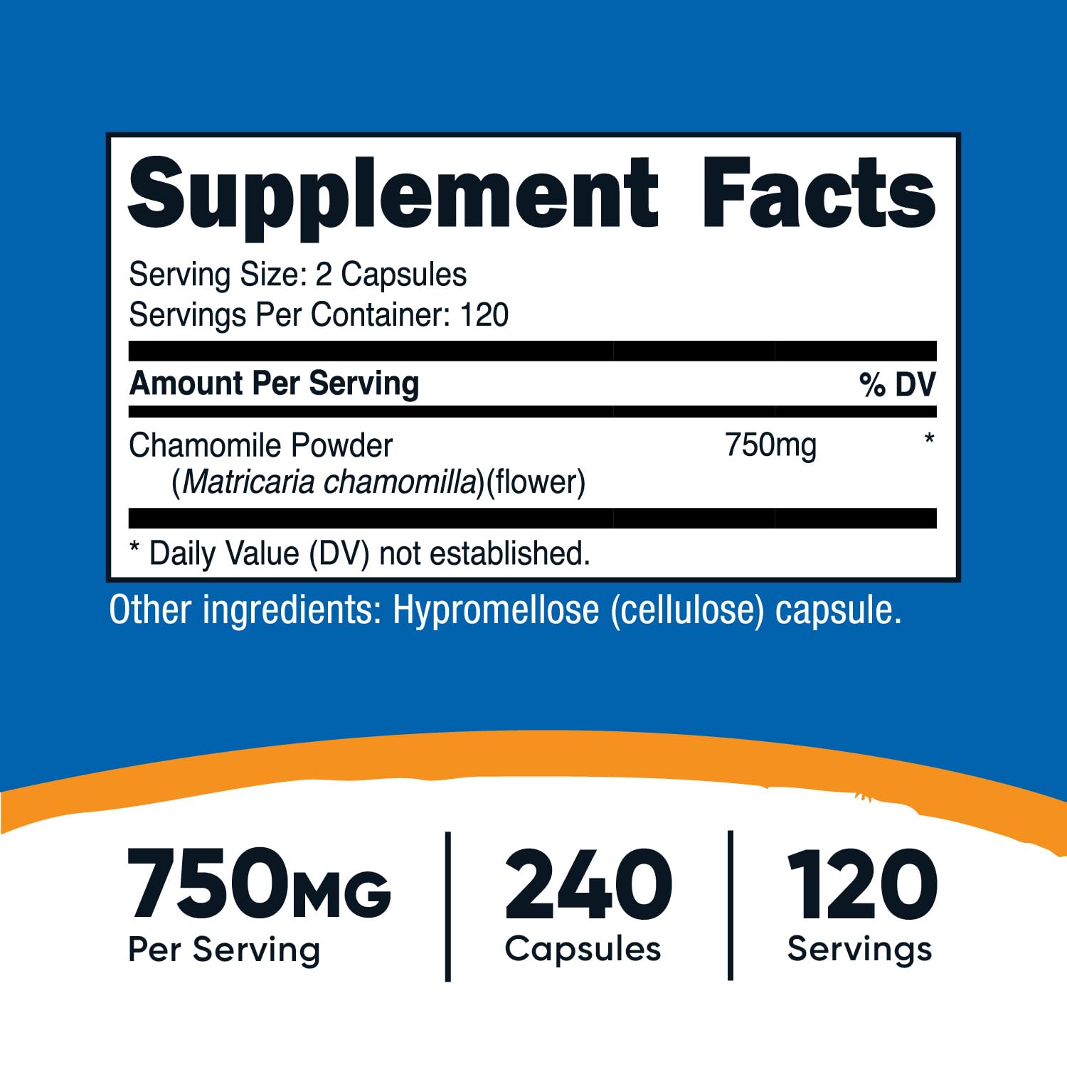 Label close-up showing chamomile 750mg per serving on Nutricost bottle