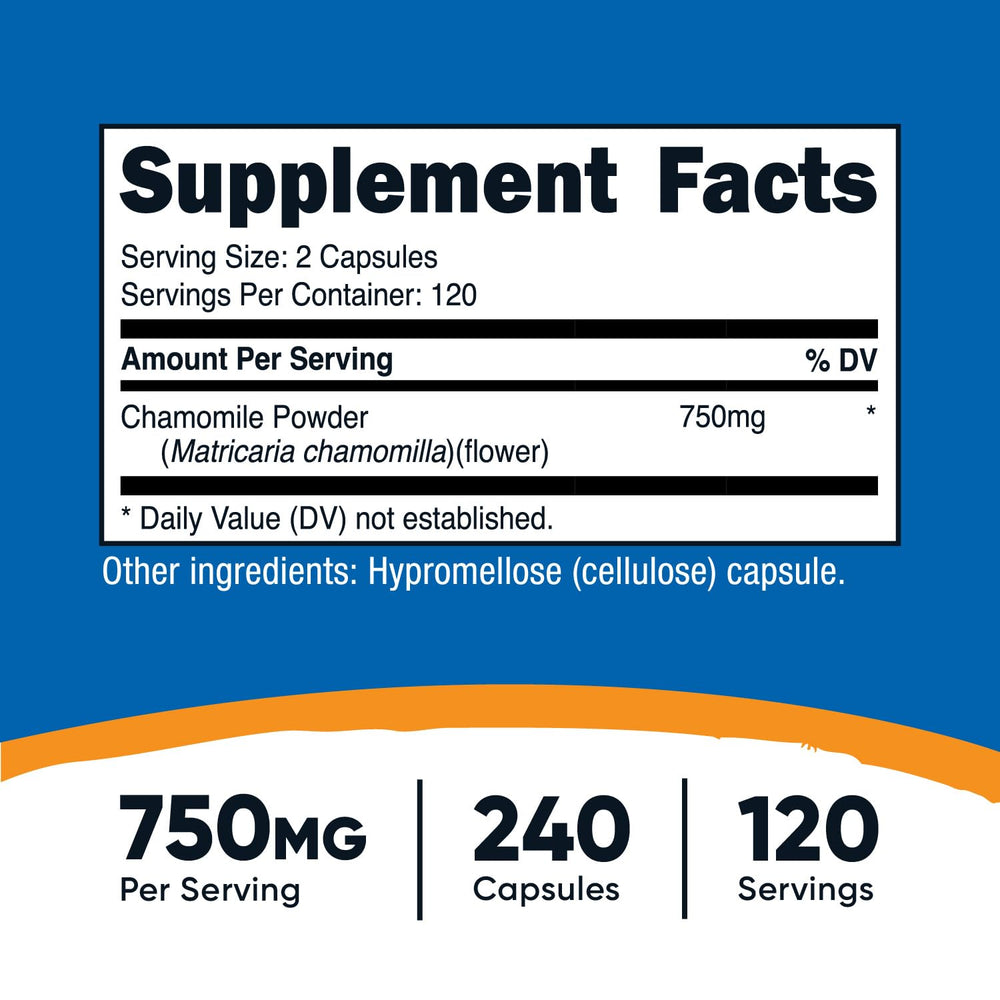 Label close-up showing chamomile 750mg per serving on Nutricost bottle