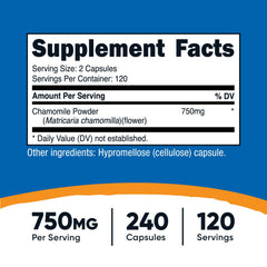 Label close-up showing chamomile 750mg per serving on Nutricost bottle