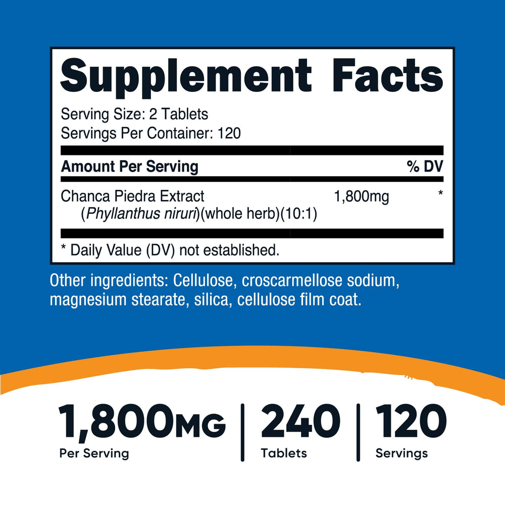 Nutricost Chanca Piedra Extract tablets close-up showing 1800mg per serving