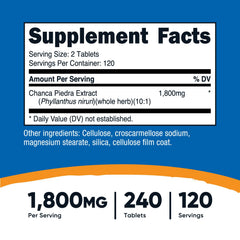 Nutricost Chanca Piedra Extract tablets close-up showing 1800mg per serving