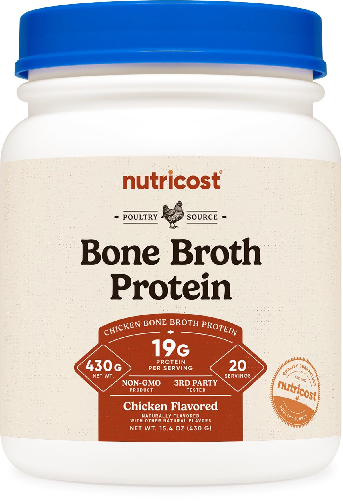 Nutricost Chicken Bone Broth Protein tub adds savory flavor to soups and stews.