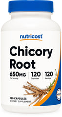 Nutricost Chicory Root 650mg bottle on shelf, daily fiber support