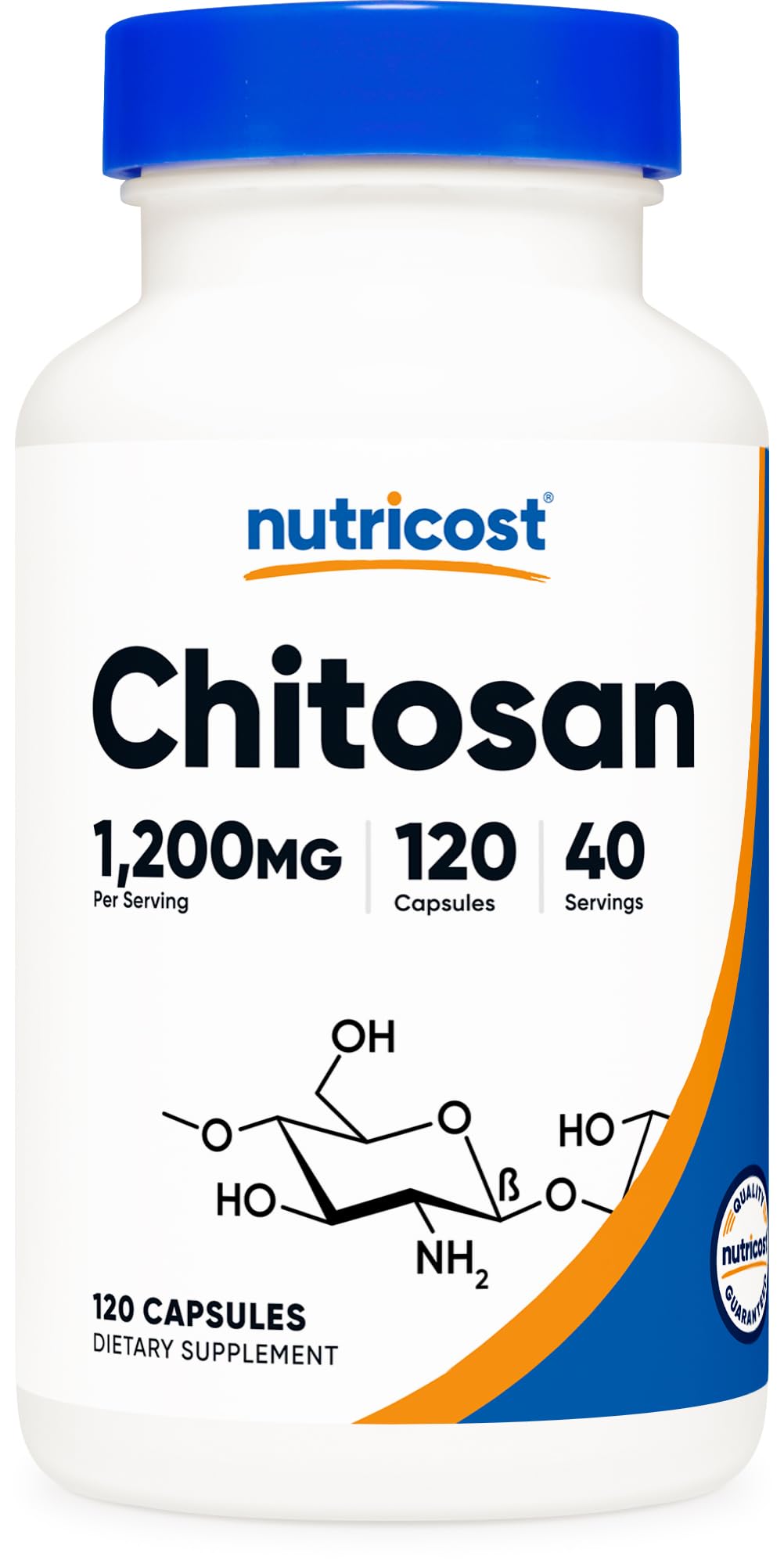 Nutricost Chitosan bottle shows 1200mg per serving for daily use