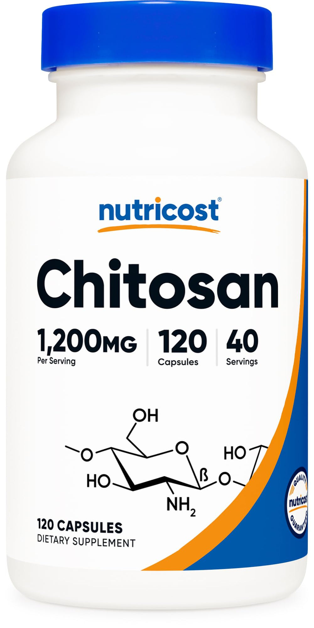 Nutricost Chitosan bottle shows 1200mg per serving for daily use