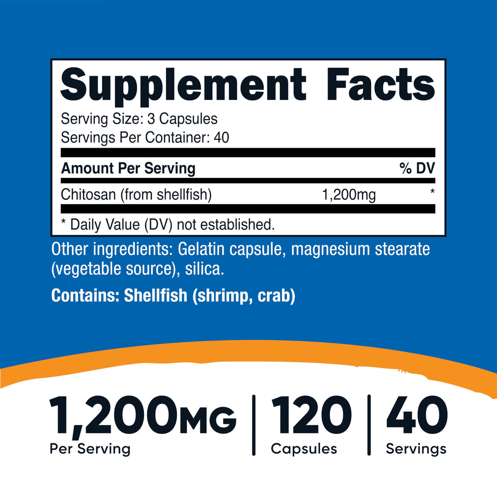 Nutricost Chitosan capsules close-up highlighting easy-to-swallow design
