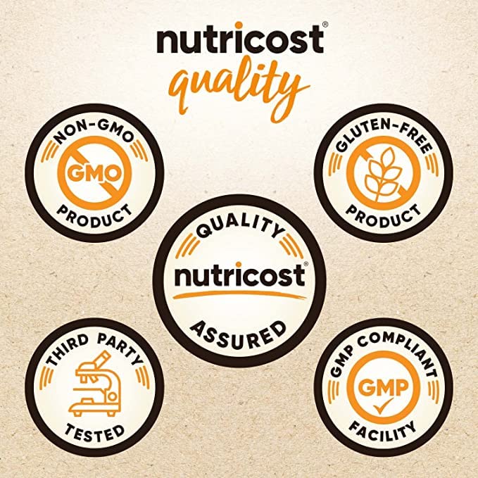 Nutricost Chlorella bottle front view highlighting gluten-free and non-GMO features.