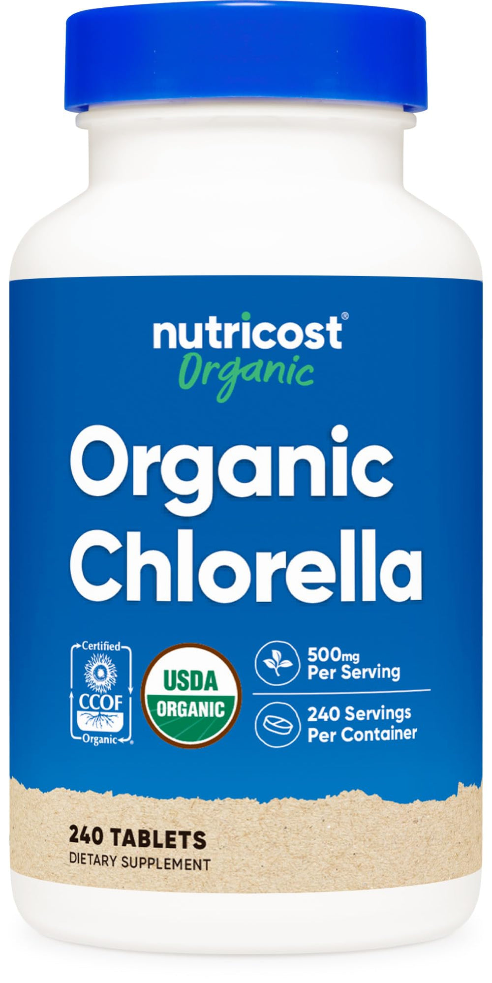 Nutricost Chlorella bottle label displaying USDA Organic certification and product details.