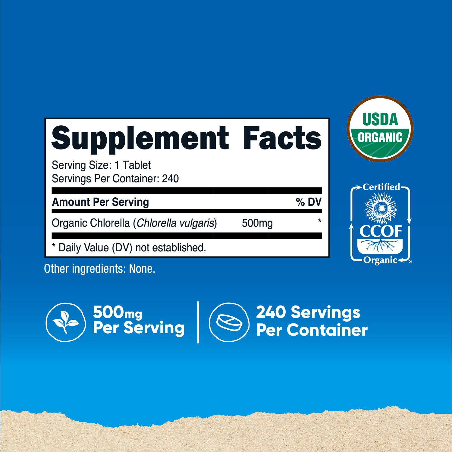 Nutricost Chlorella tablet close-up showing dense green tablets and 500 mg strength.