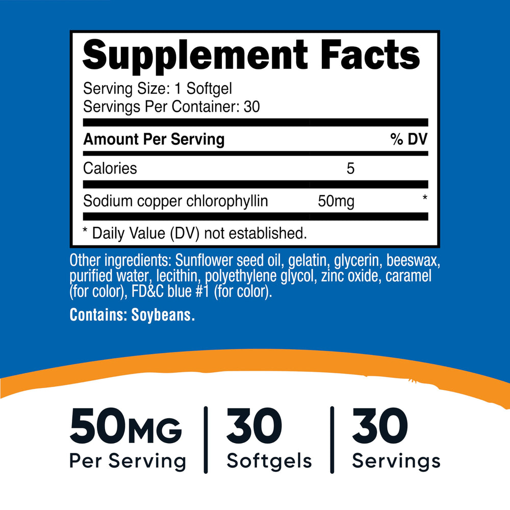 Close-up of Nutricost Chlorophyll softgels highlighting easy daily dose.