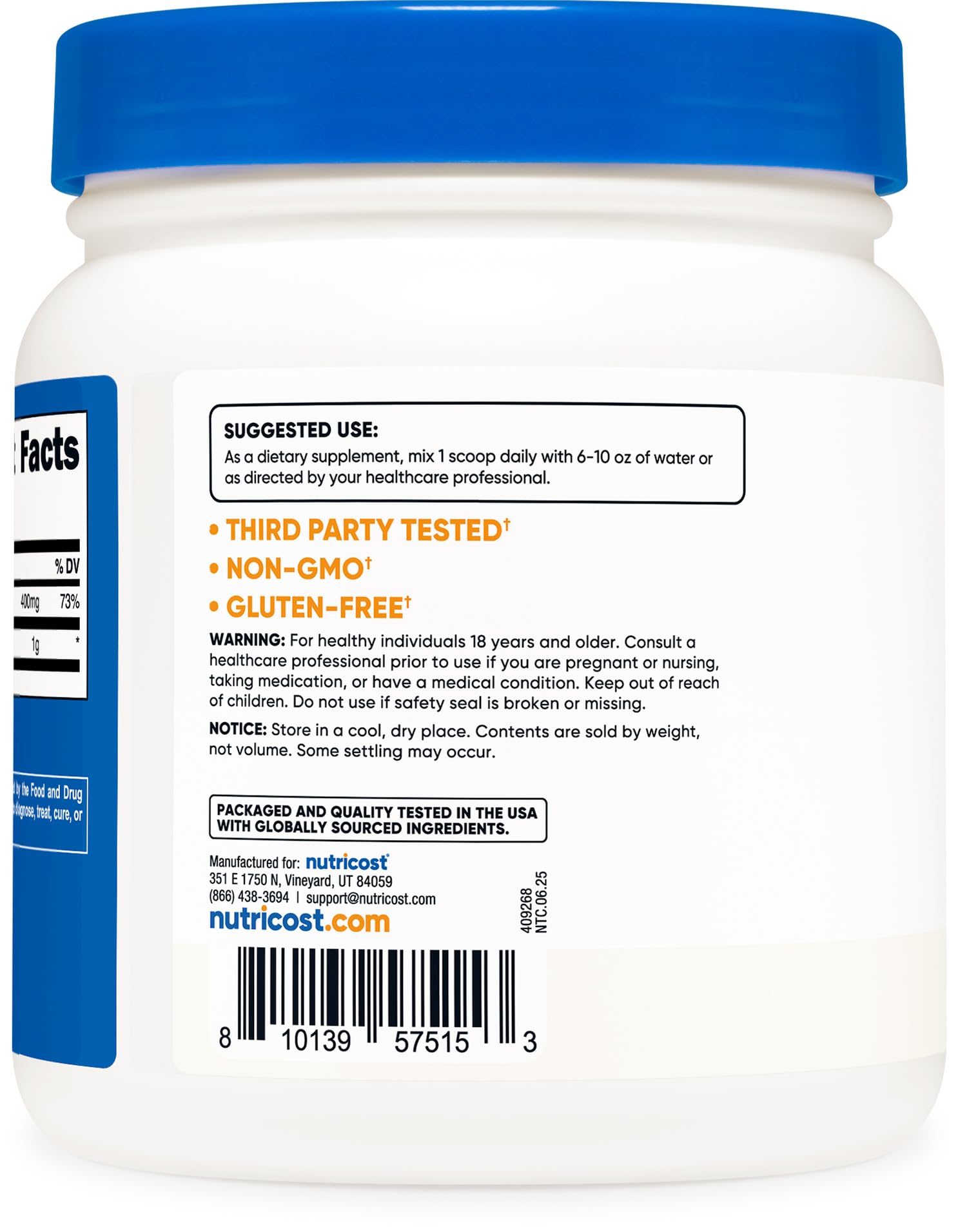 Ingredients table on Nutricost Choline Bitartrate powder bottle showing simple formulation